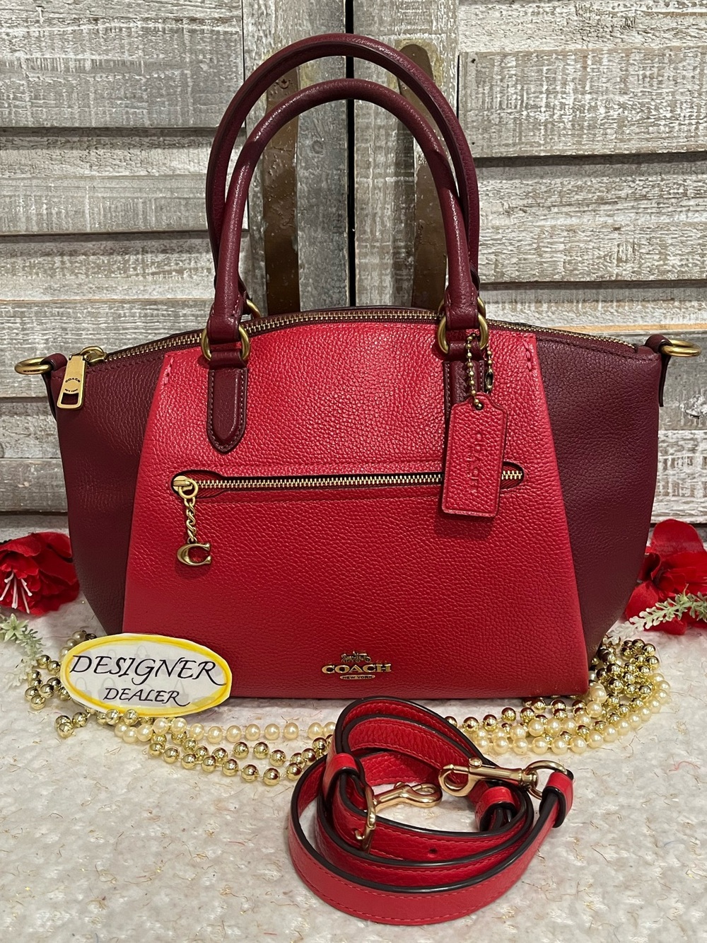 Coach Elise 2 Tone Leather Satchel Bag # 1022 Red and Burgundy EUC!